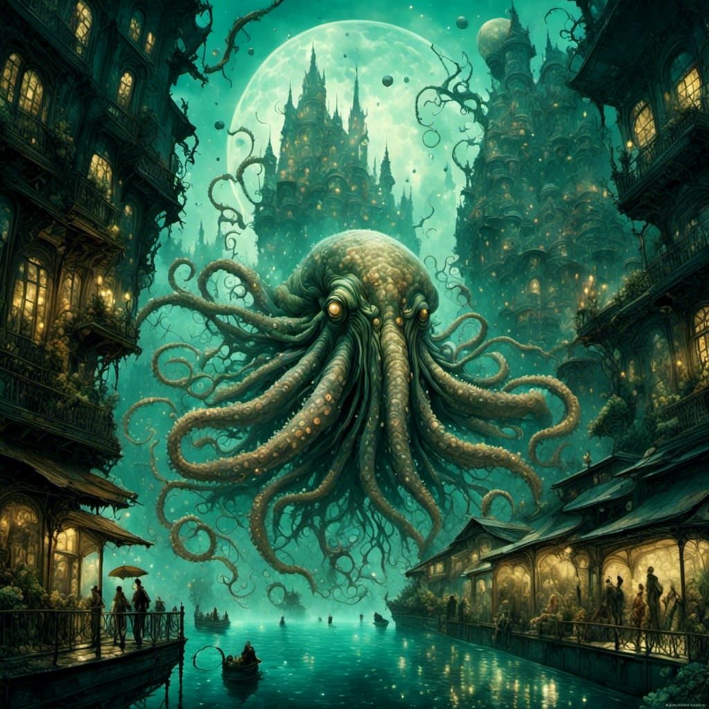 Underwater Kraken Over Alien City Comic Illustration