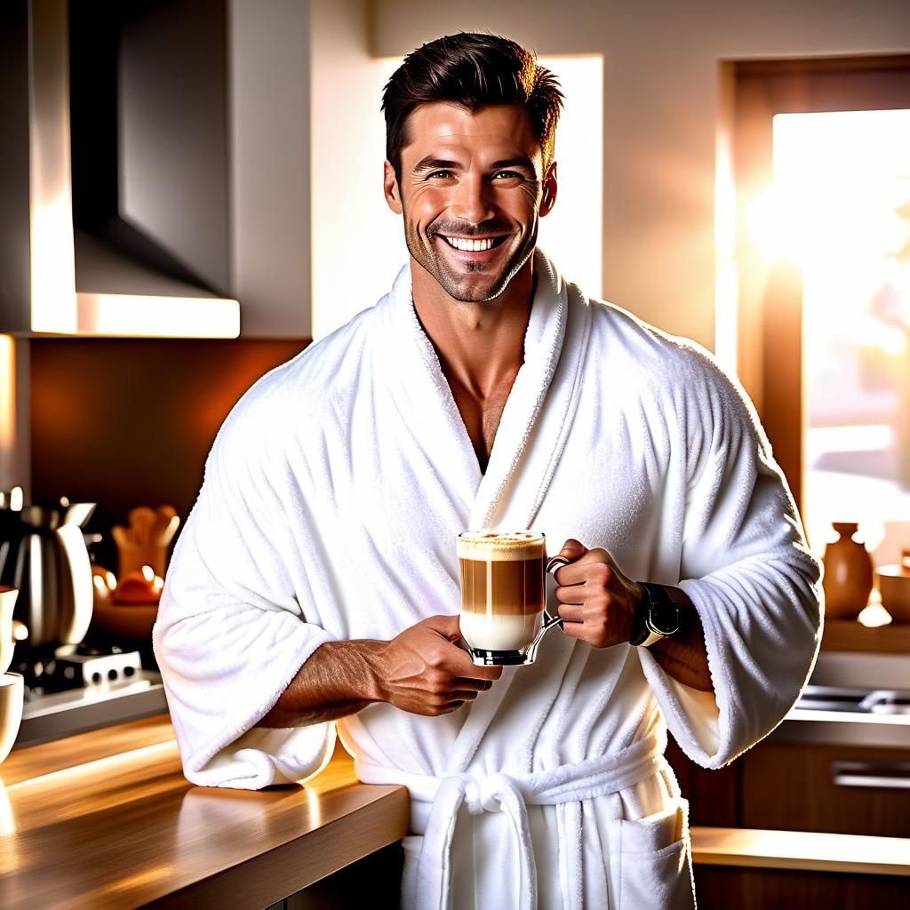 Handsome Man Offers Latte in Sunlit Kitchen