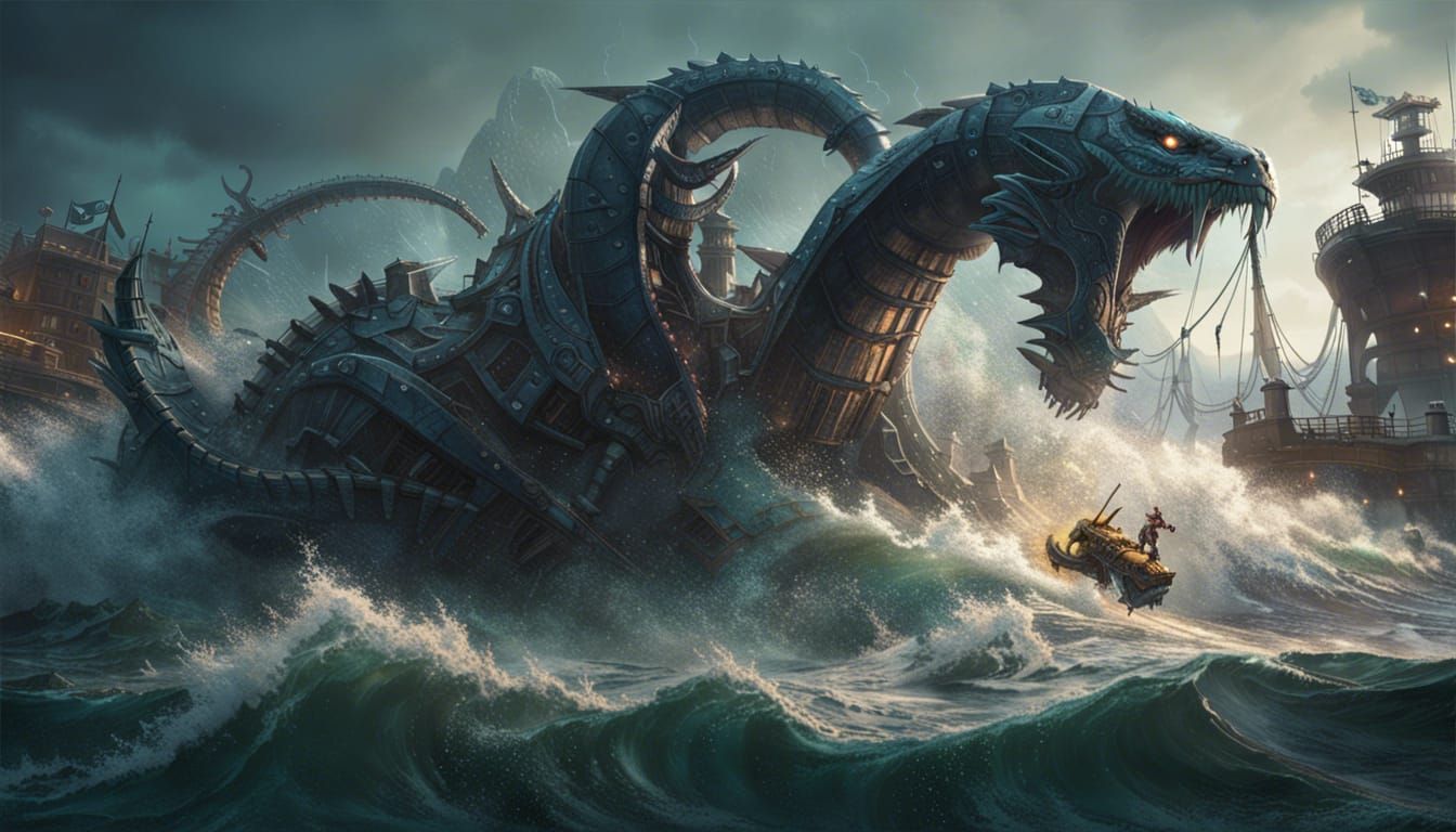 Mech vs Sea Serpent: Dark Fantasy Concept Art