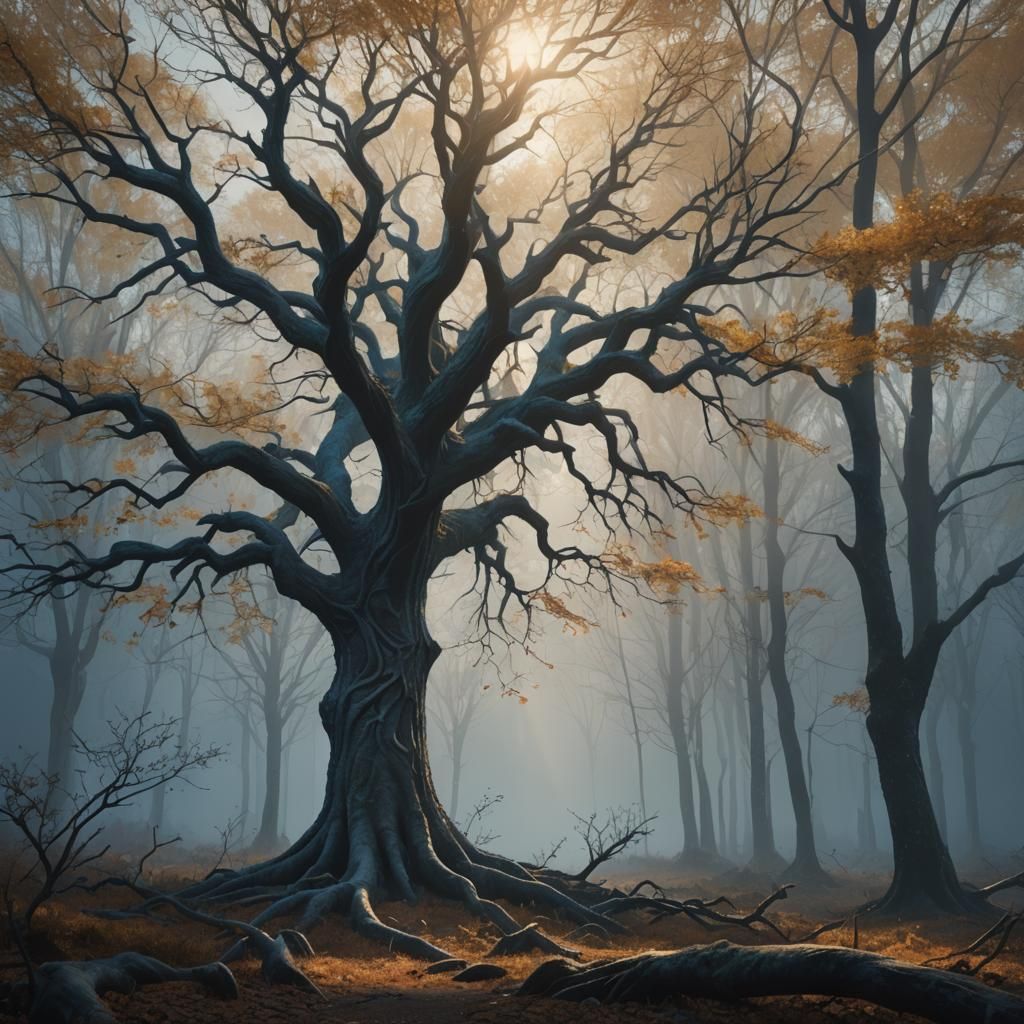 Bare Tree in Ethereal Forest: Fantasy Concept Art