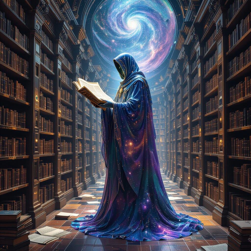 Celestial Librarian Organizes Cosmic Scrolls in Surreal Libr...