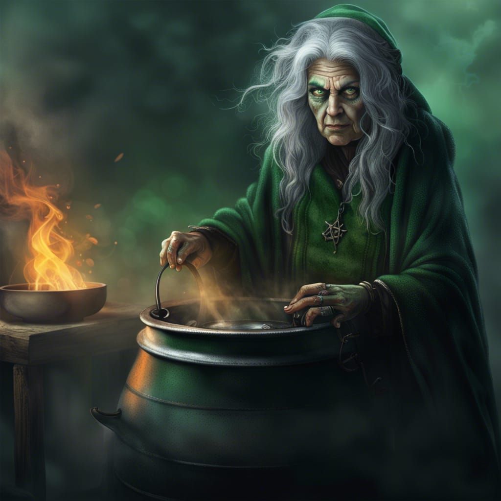 Hyperrealistic Old Witch Brewing Potion