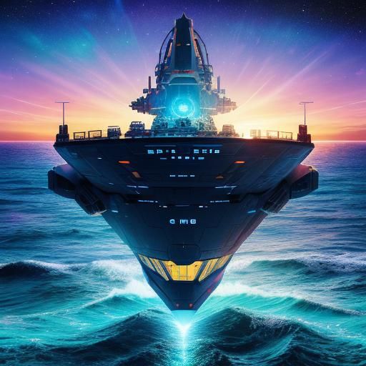 Spaceship Ascends from Ocean: Cosmic Astral Illustration