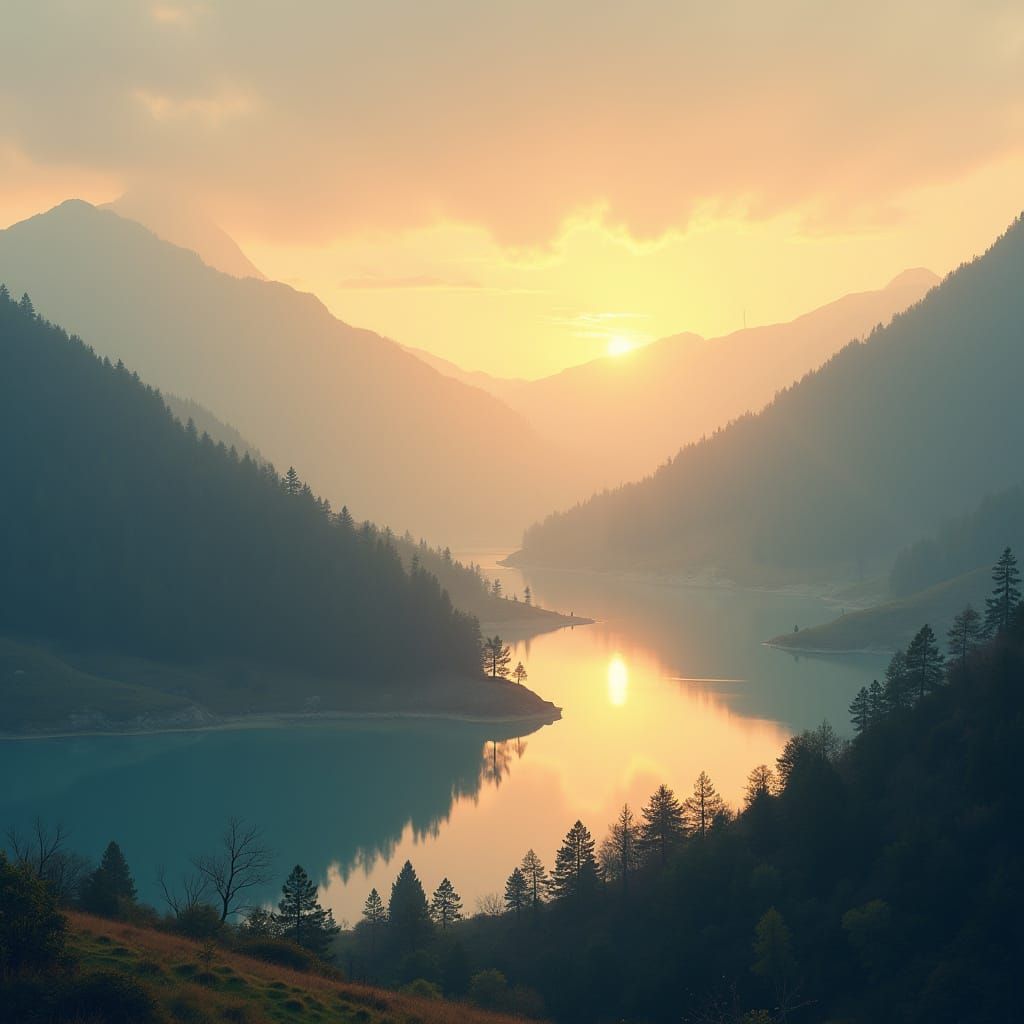 Tranquil Sunset Landscape in Digital Art Style