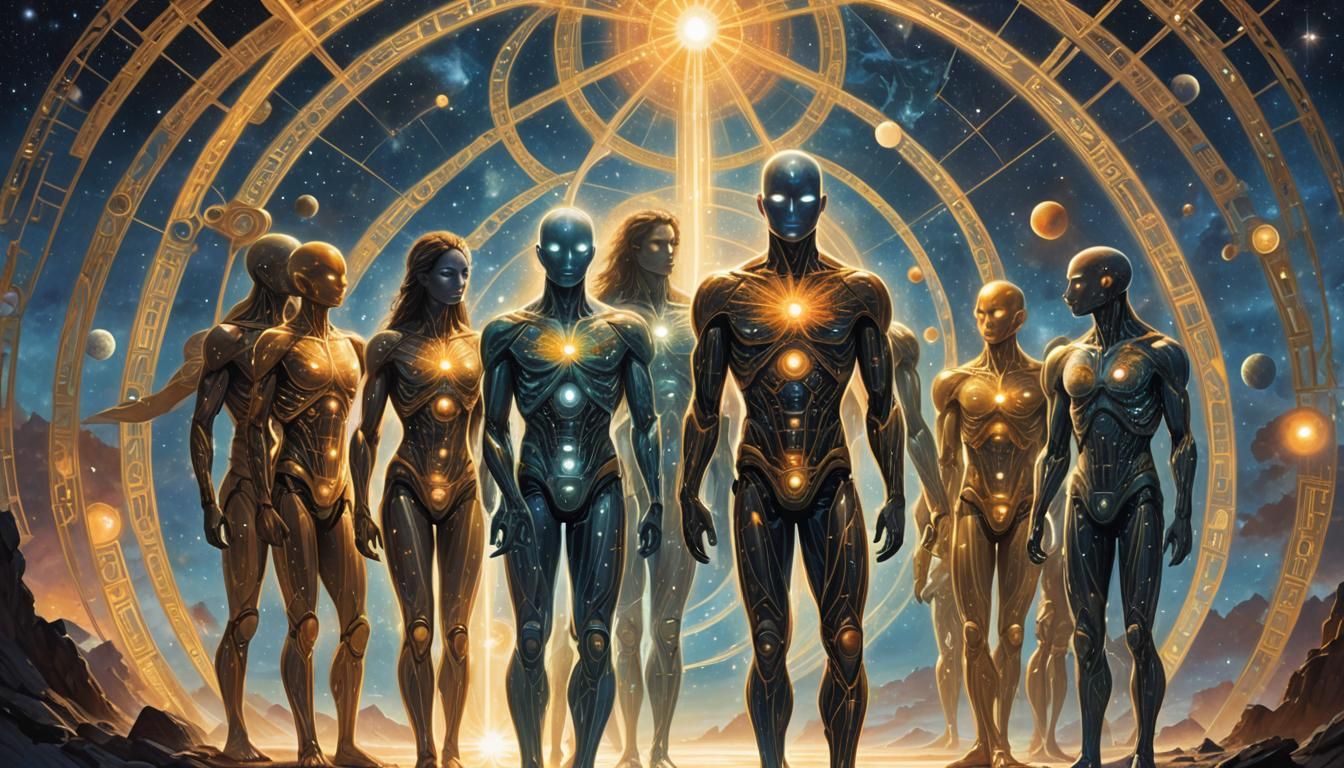Luminous Humanoids in Cosmic Seascape with Holographic Auras