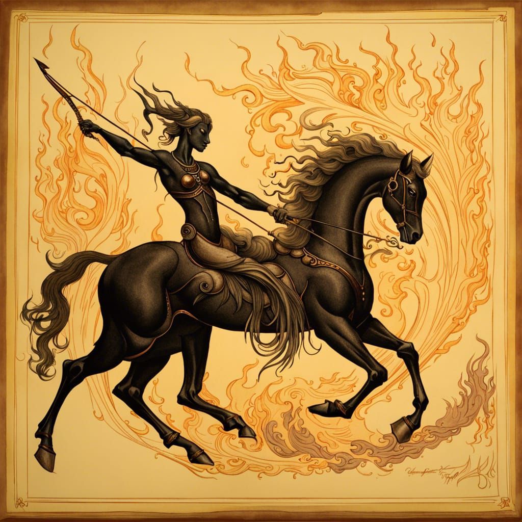 Fiery Skeletal Centaur Ink Sketch in Gothic Horror Style