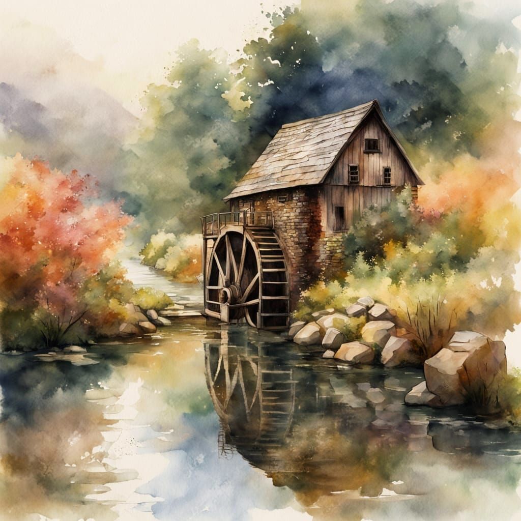 Rustic Waterwheel Scene in Watercolor Style