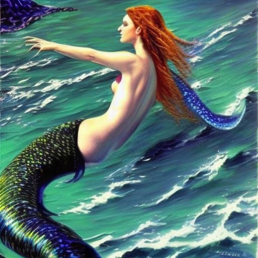 Hyperrealistic Mermaid in Ocean Oil Painting