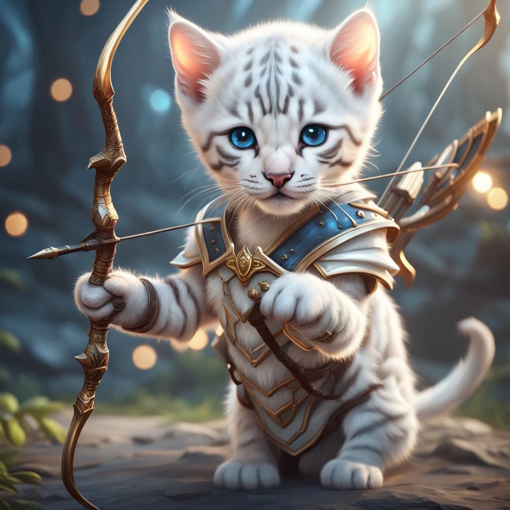 Cute snow-white bengal kitten as a fantasy archer