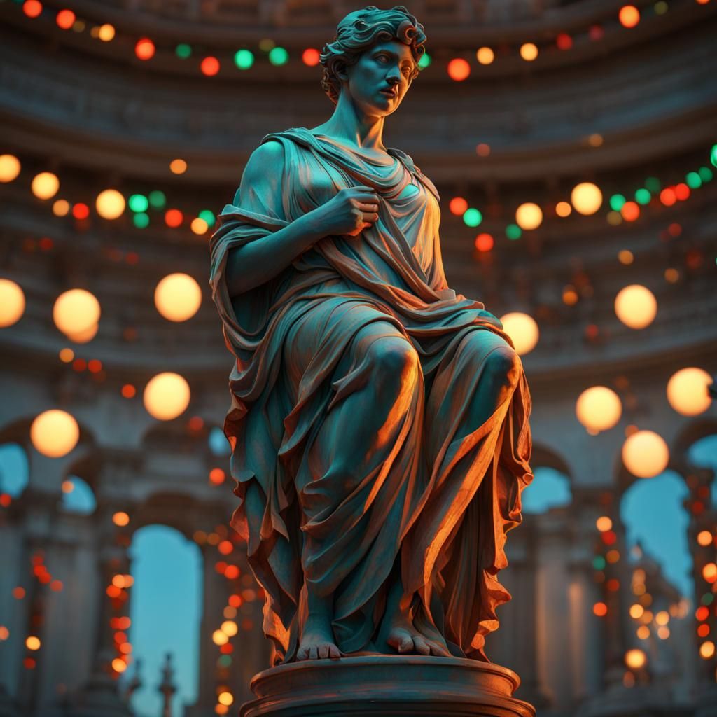 Roman Statue Aglow with Christmas Lights
