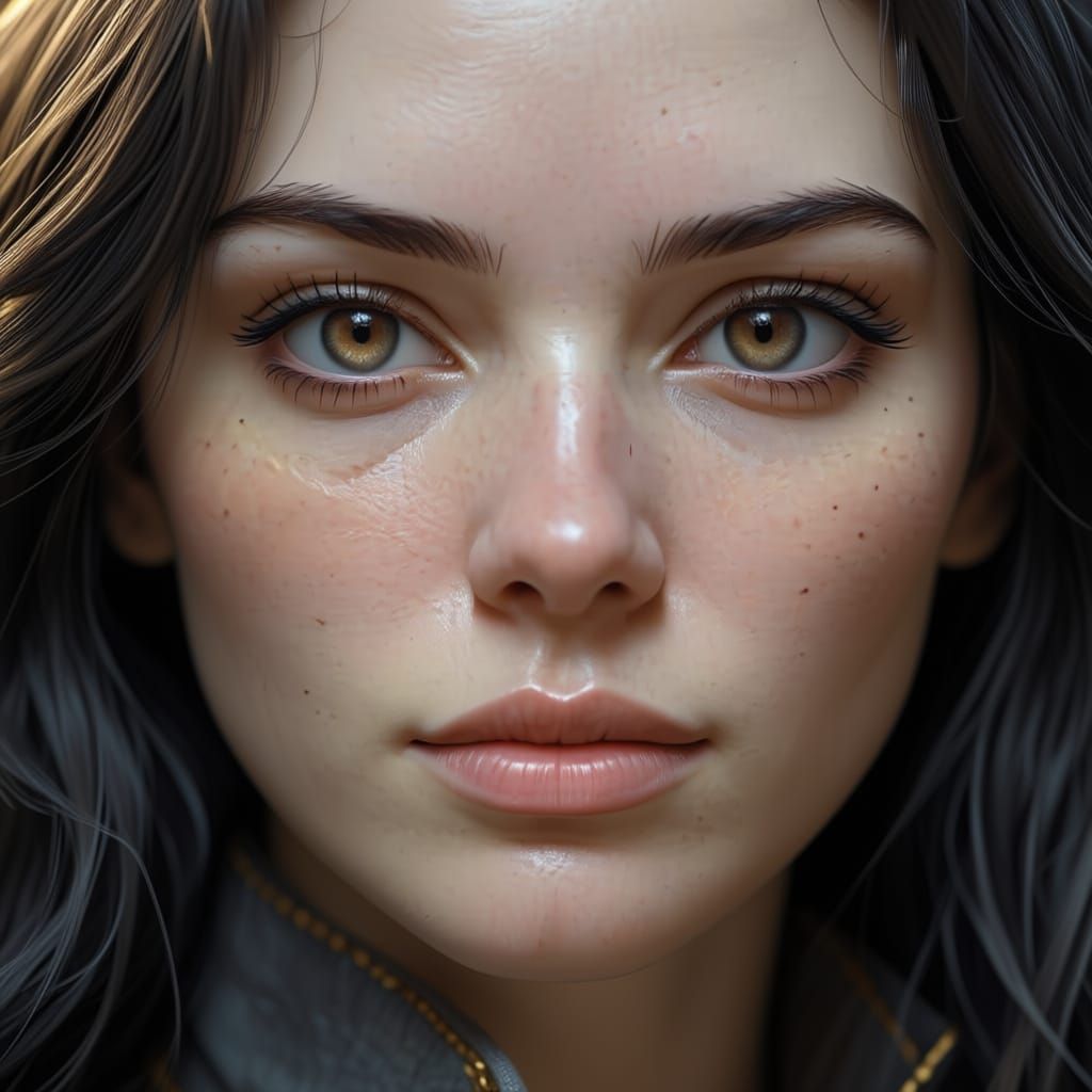 Pale Woman with Golden Eyes and Ebony Hair in Grey Tunic