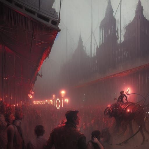 Sinister Dieselpunk Circus in Dark Fantasy Style