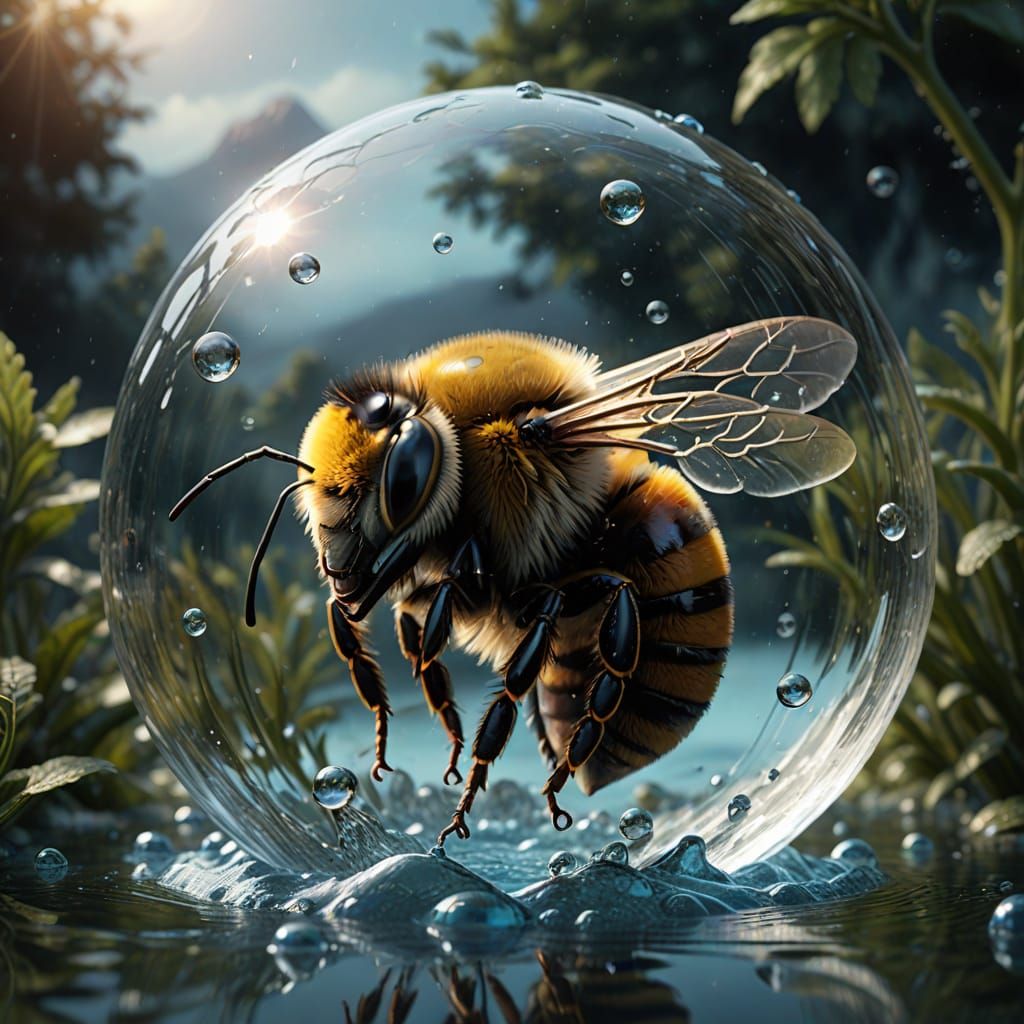 Epic Water Scene with a Majestic Bee in a Glassy Sphere