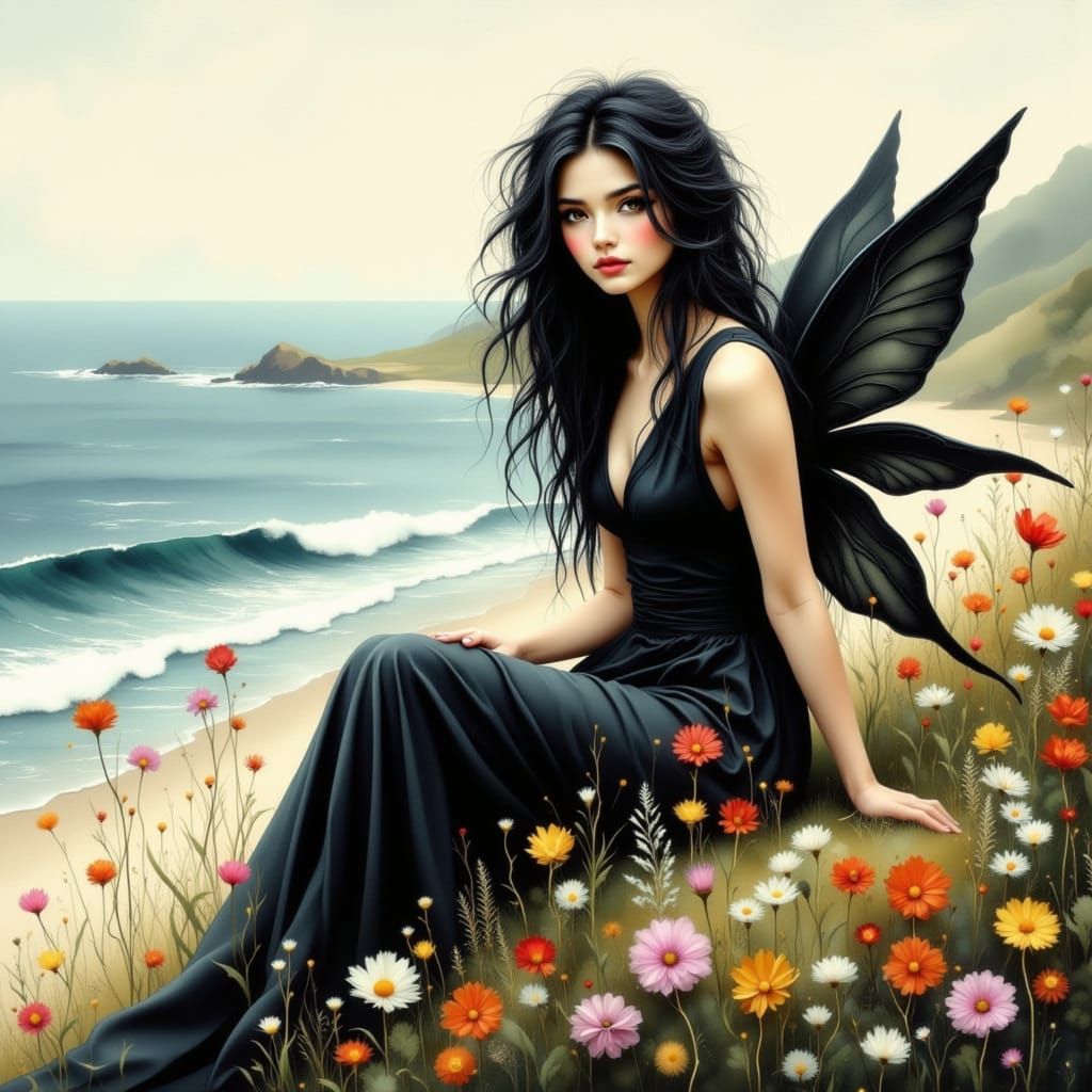 Fairy Woman on Wildflower Cliff Overlooking Ocean