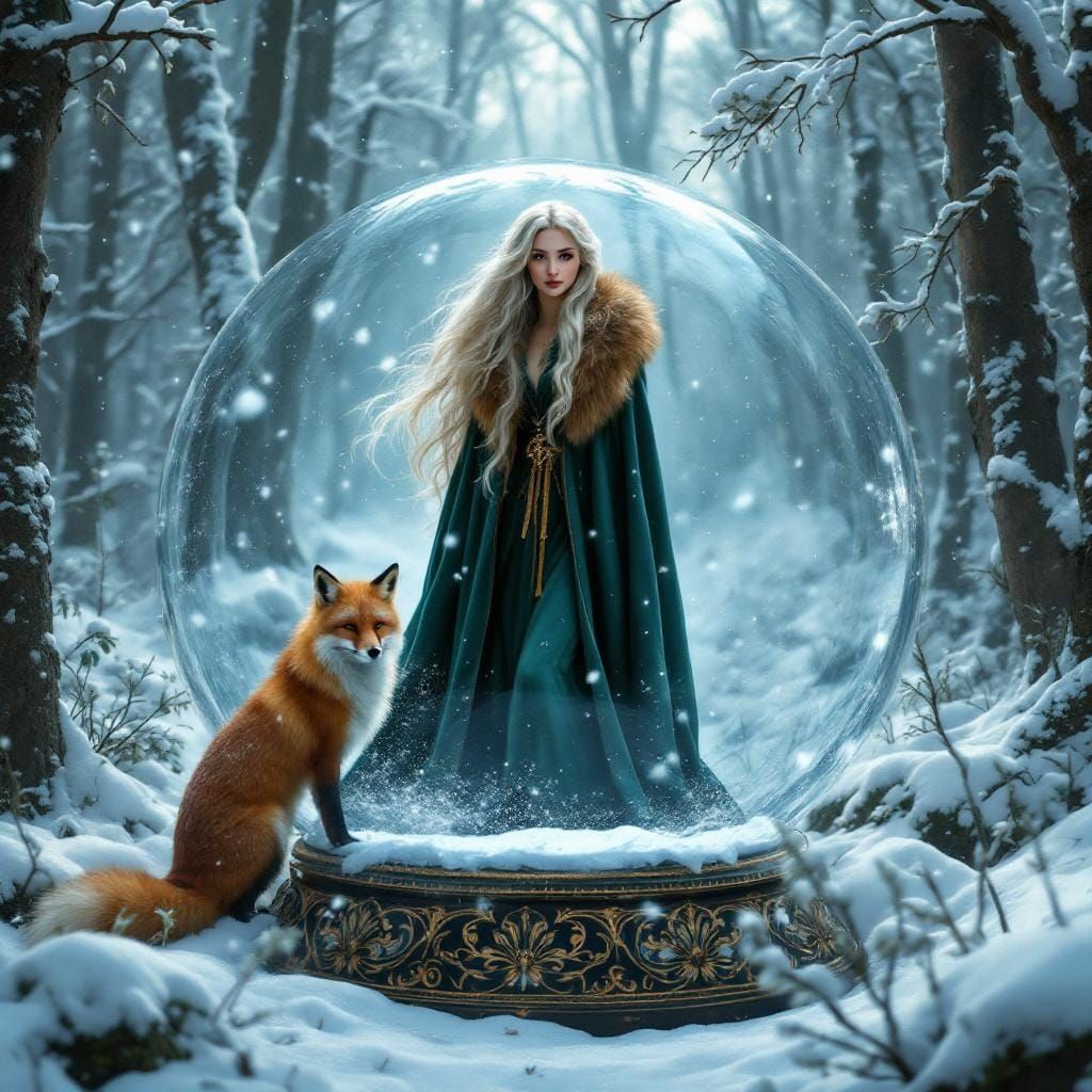 Anastasia in Snow Globe with Fox, Fantasy Realism