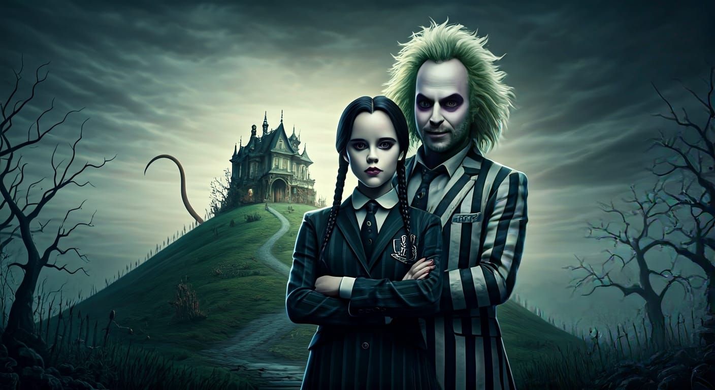 Wednesday Addams and Beetlejuice at the Haunted House