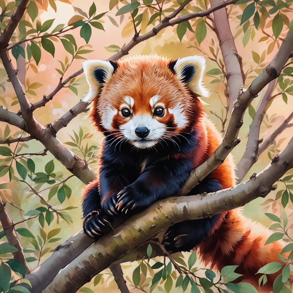 Red Panda Cub in Tree, Anime Watercolor Style