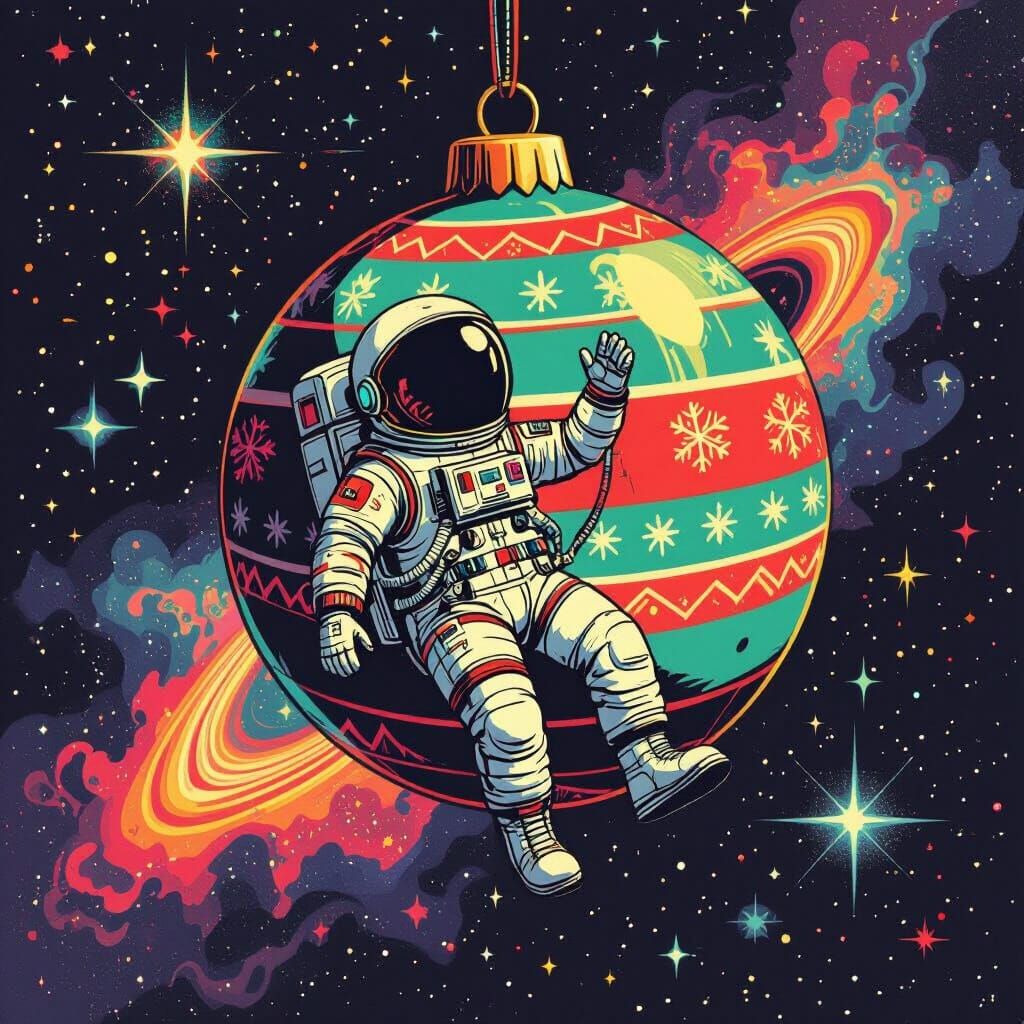 Astronaut Adrift Near Retro Ornament Space Station
