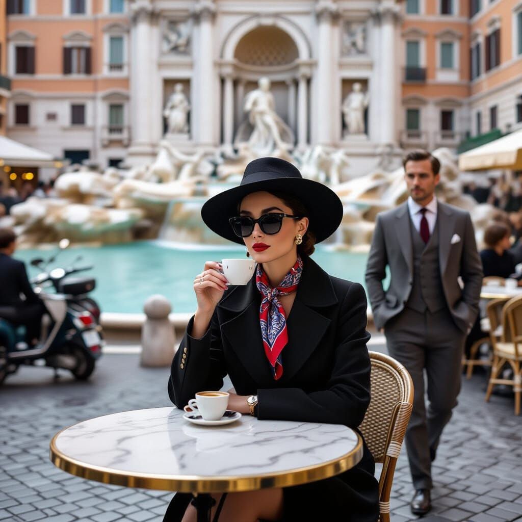 1950s Roman Holiday Scene near Trevi Fountain