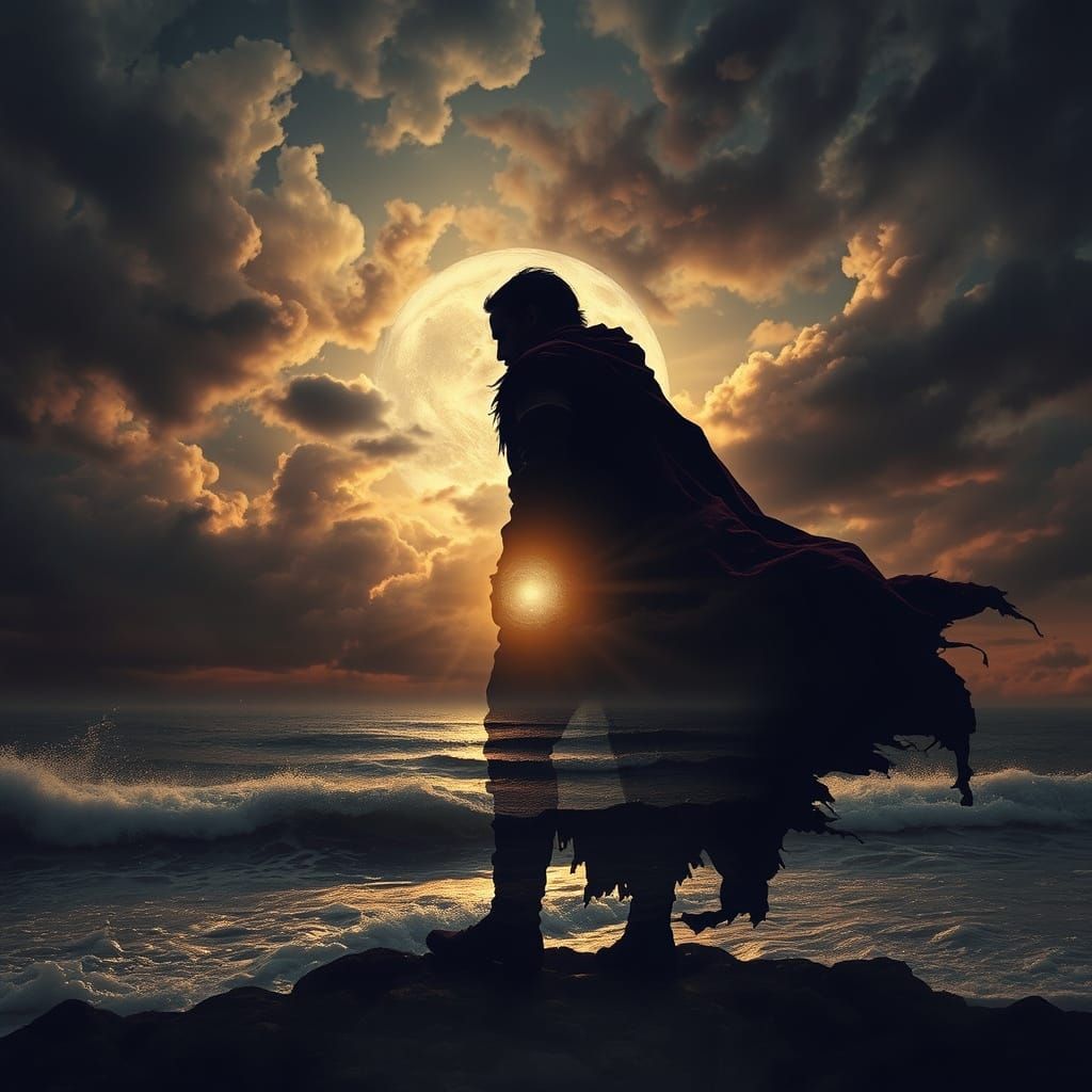 Surreal Warrior Silhouetted Against Post-Apocalyptic Sky in ...