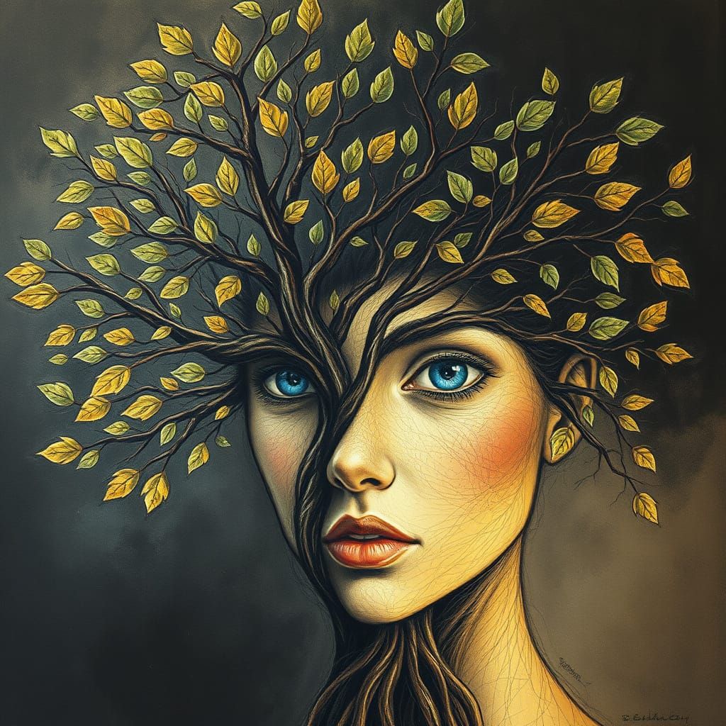 Tree Woman: Hyperdetailed Charcoal Drawing in Brutalist Styl...