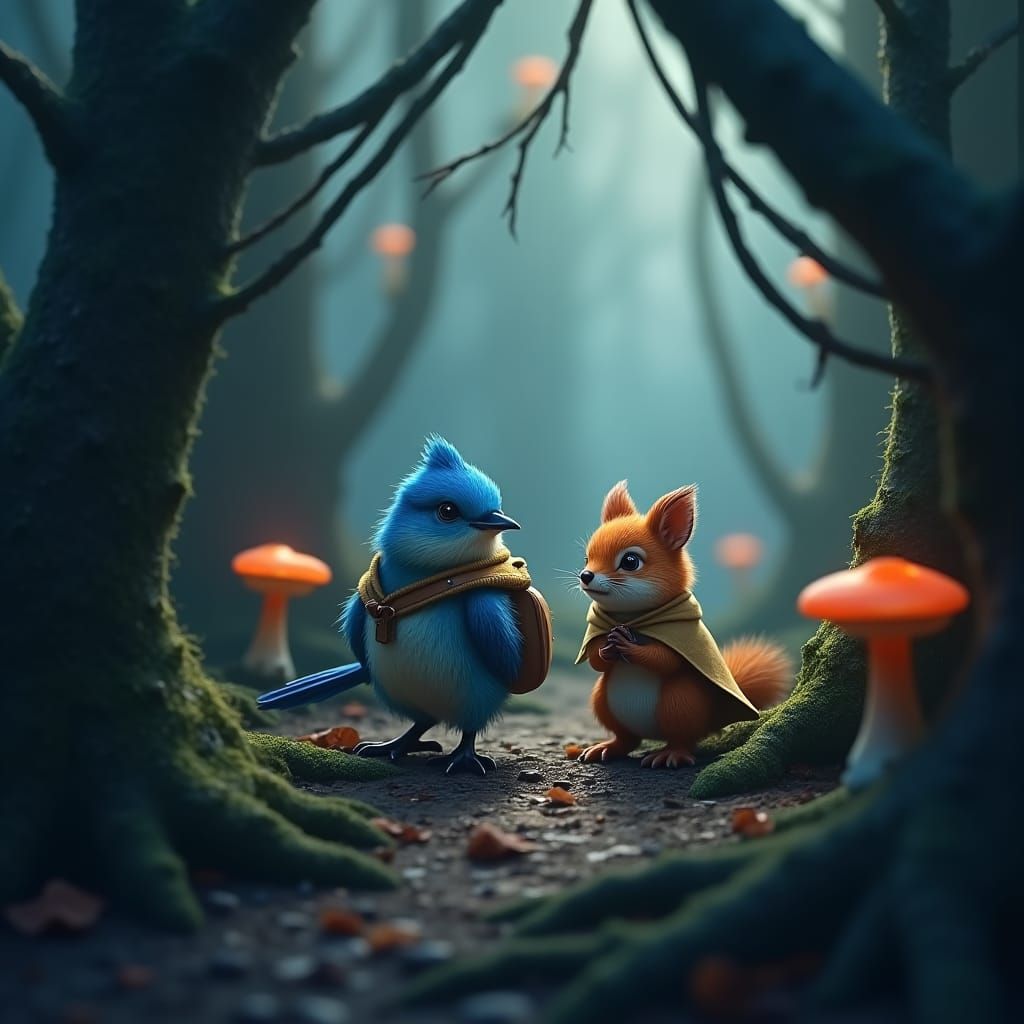 Bluebird and Squirrel Adventure in Misty Forest
