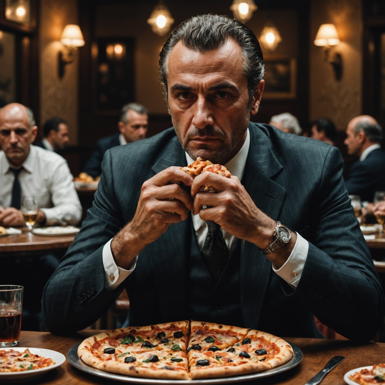 Mafioso Eating Pizza in Hyperrealistic Style