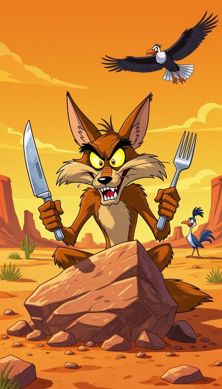 Wile E. Coyote in Desert Landscape, Comic Book Style