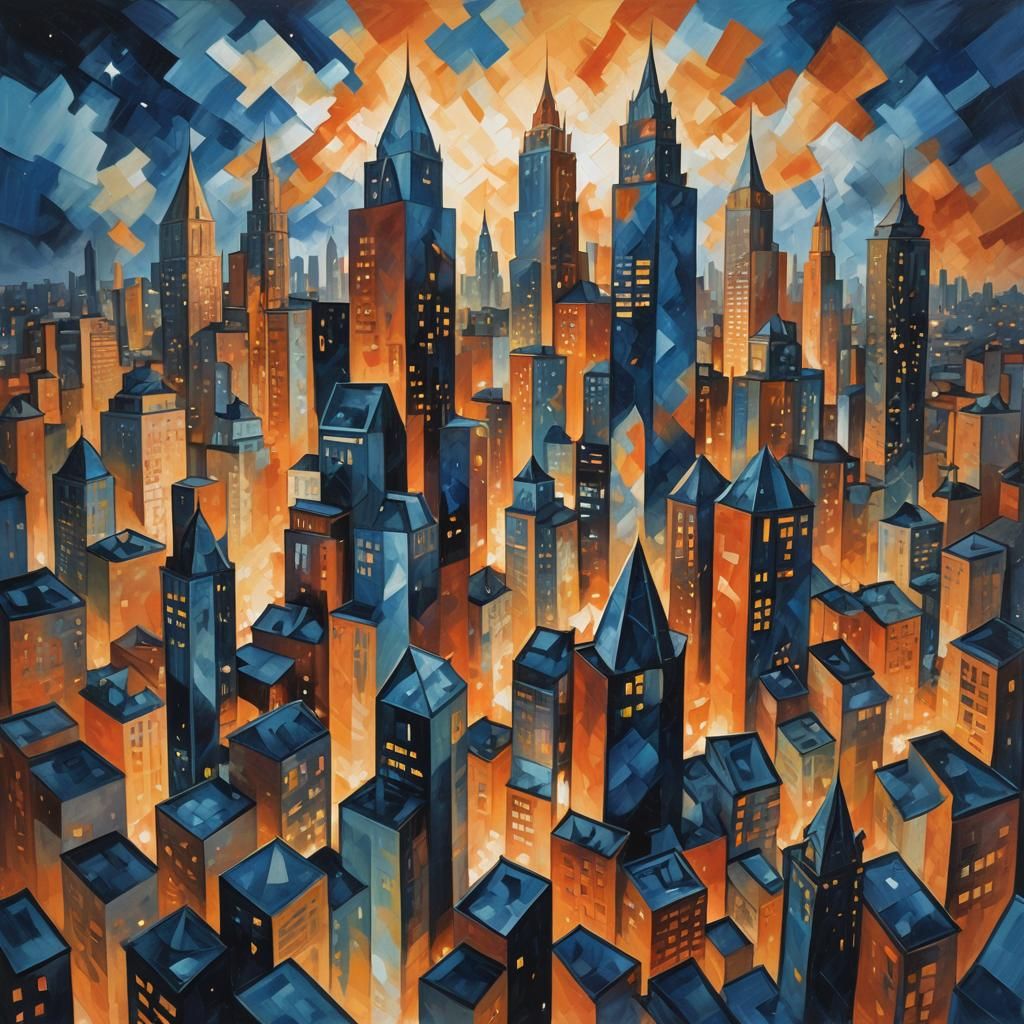Vibrant Cubist Cityscape at Night