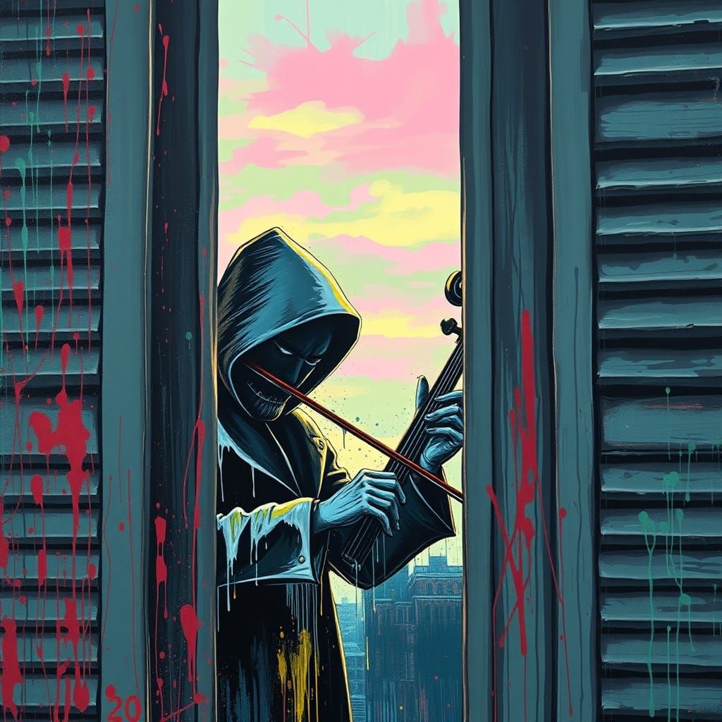 Mysterious Musician Behind Shutters in Green and Pink Sky