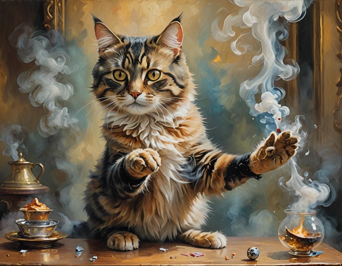 Disappearing Cat Magic Trick in Impressionist Style