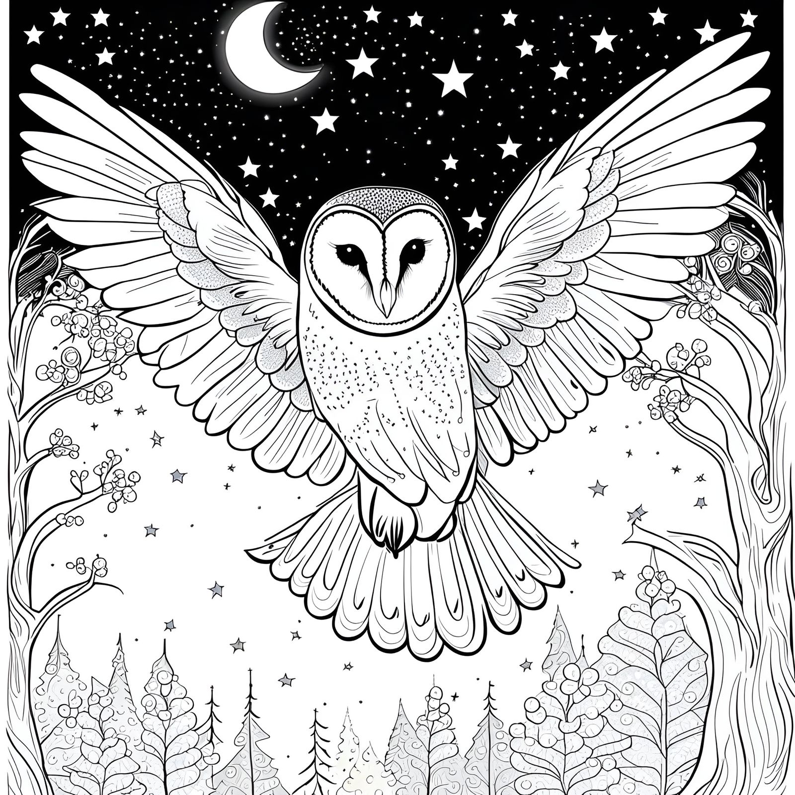 Happy Barn Owl in Starry Forest, Art Brut