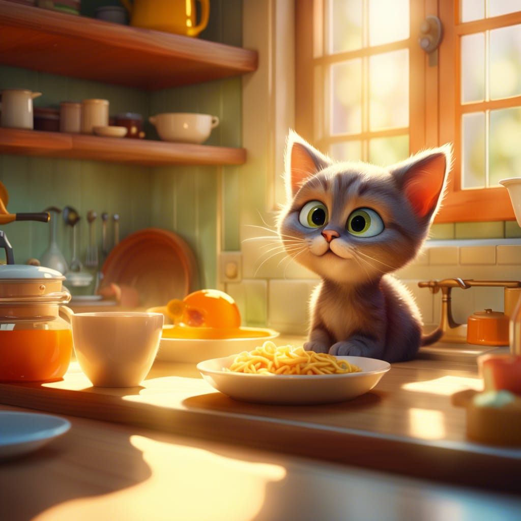 Kitten's Cheerful Breakfast in Pixar Animation