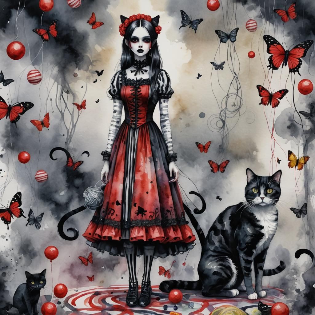 Dark and Moody Goth Girl and Her Cat Watercolor Art