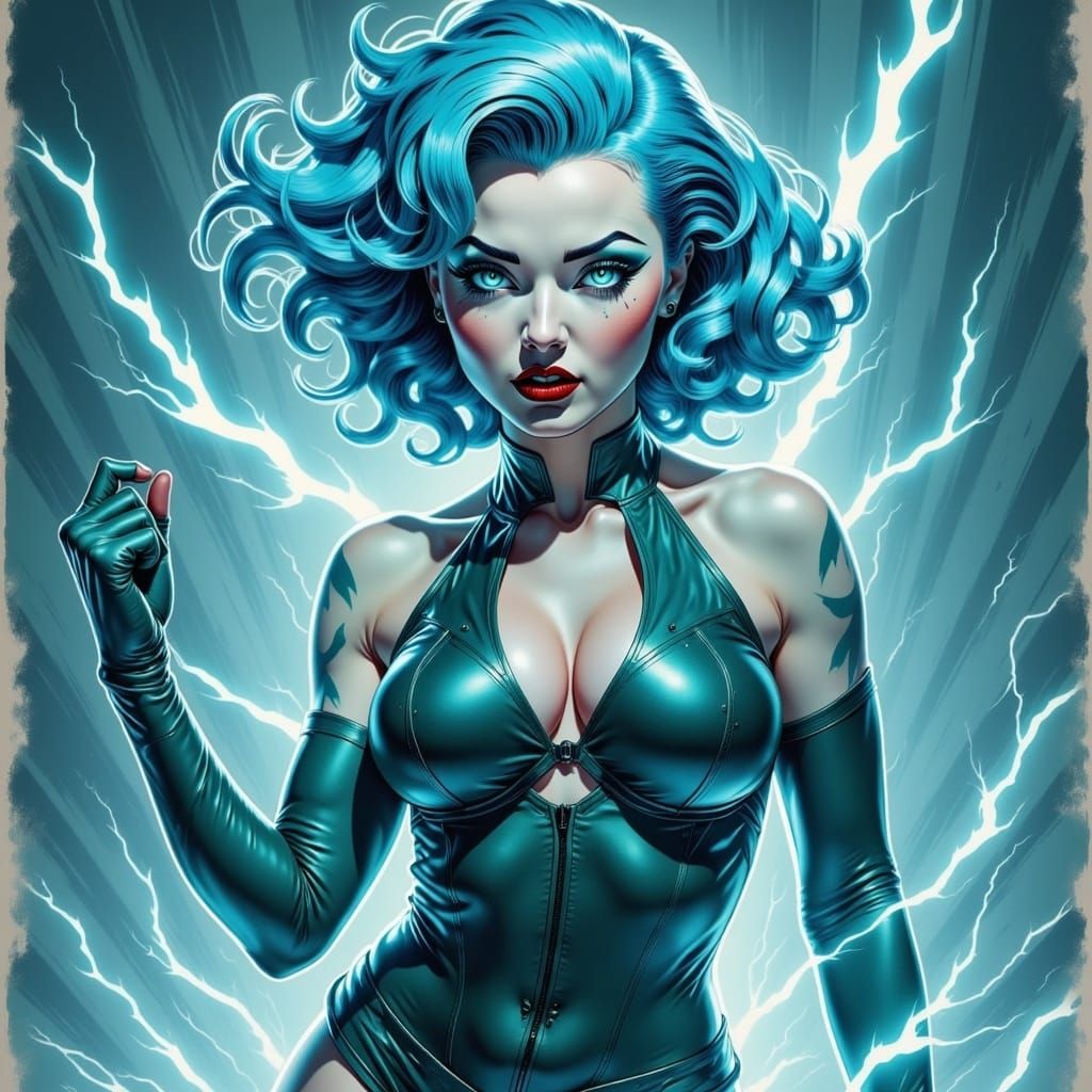 Electric Blue-Haired Woman in Anime Storm