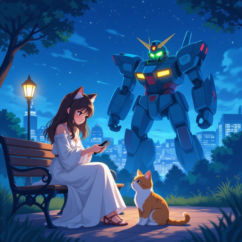 Anime Girl with Cat Ears in City Park Battle