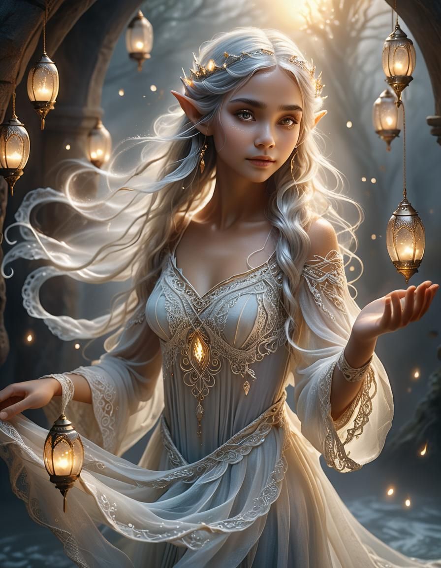 Ethereal Elf Portrait with Flowing Fabric in Impressionism S...