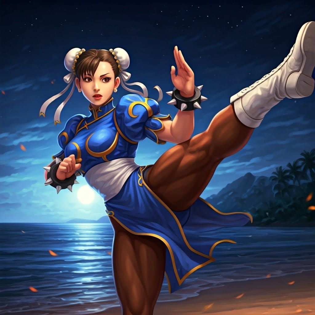 Chun-Li Kick Training on Night Beach in Anime Style