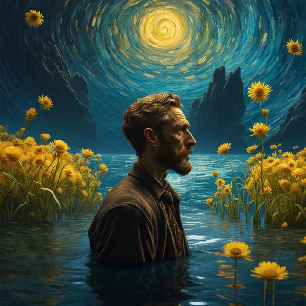 Emotional Face Above Water in Van Gogh Style