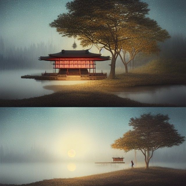 Japanese Tea House on Lake in Moonlight Watercolor
