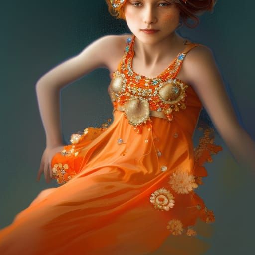 A six year old daughter wearing a beaded orange chiffon dress