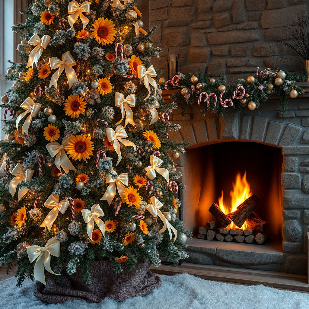 Christmas Tree with Sunflowers by Fireplace, Hyperrealistic ...