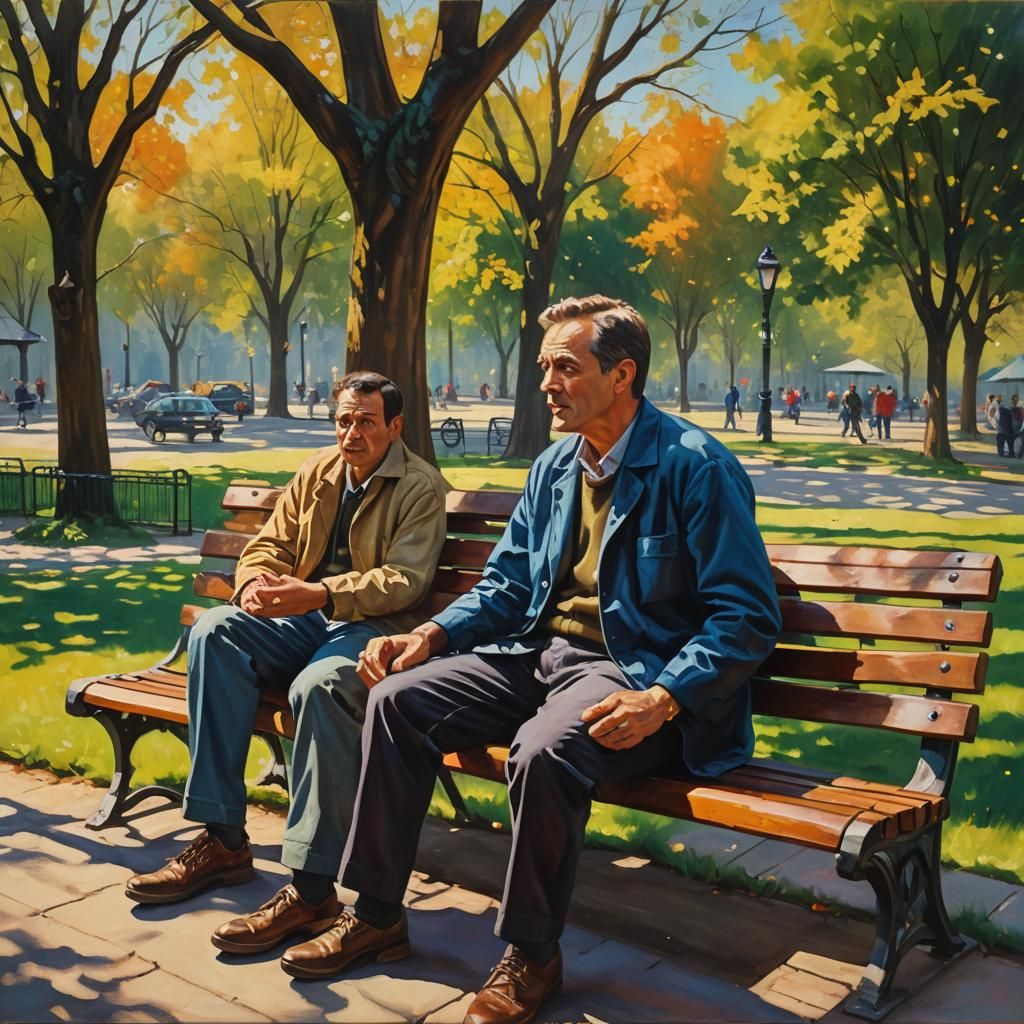 Men in Park: An Emotional Oil Painting