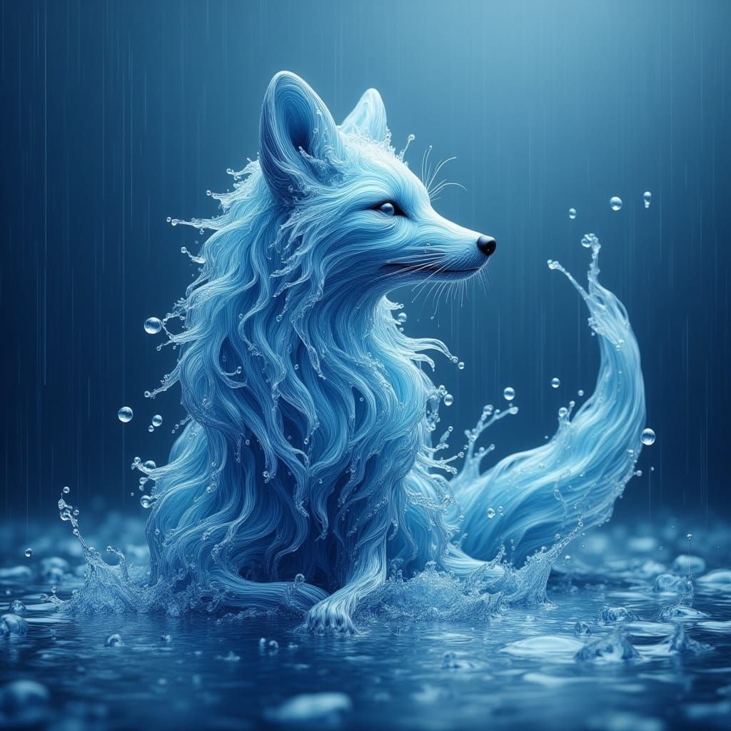 Photorealistic Water Fox in Blue Rain