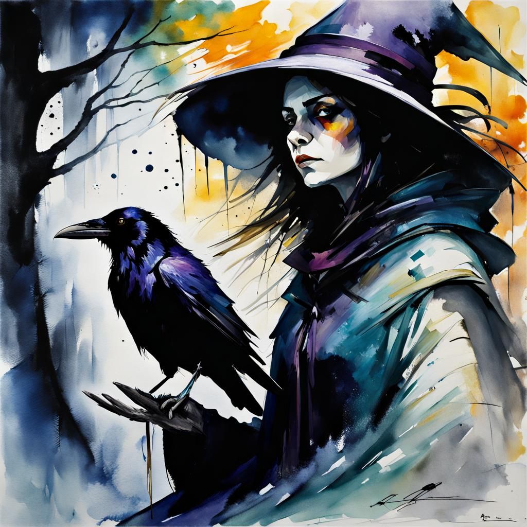 Weary Witch and Raven in Grotto, Impasto Style