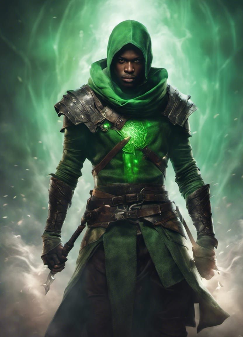 Black Human Rogue in green leather armor 1
