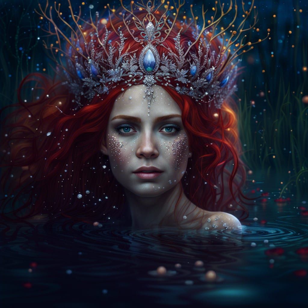 Redhead Queen Swimming in Enchanted Lake