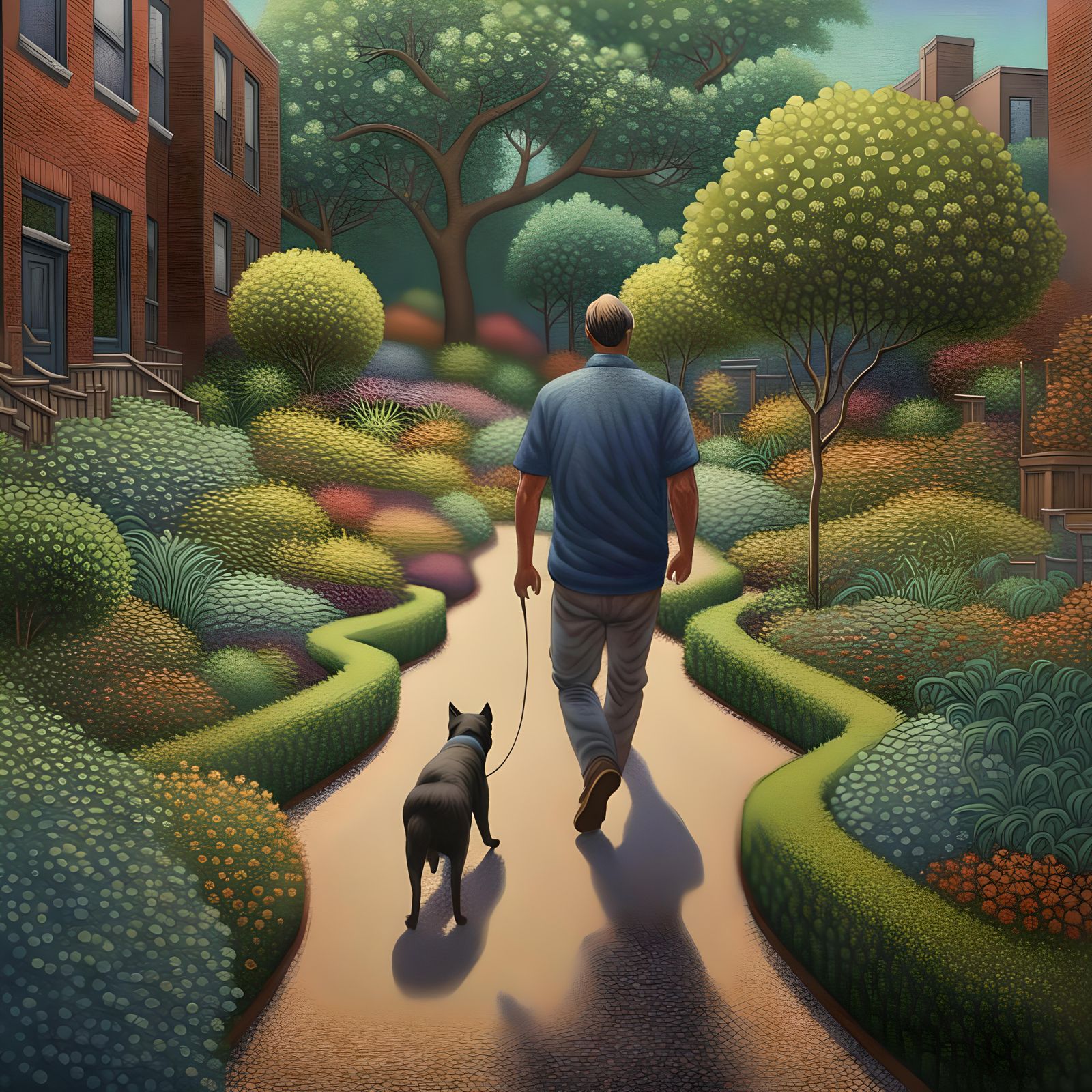 Man and Dog in Chicago Urban Garden
