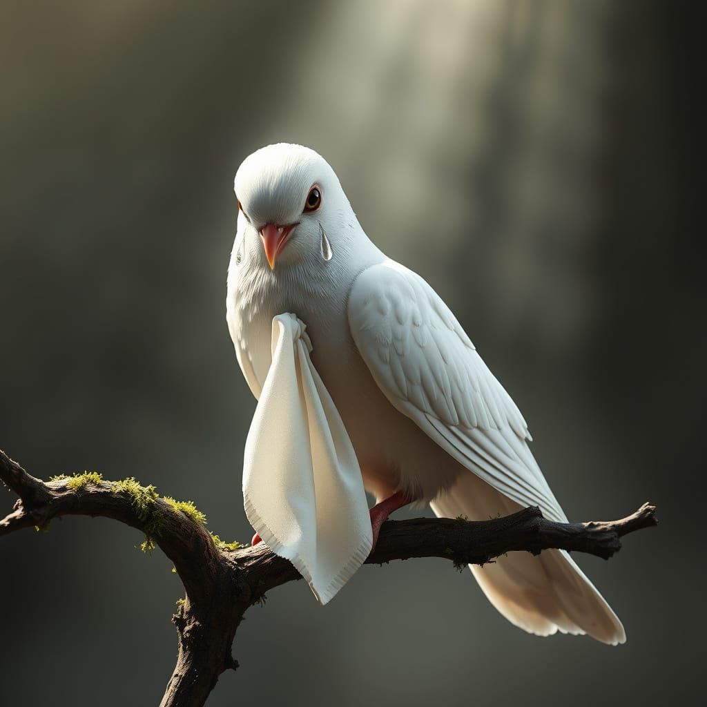Photorealistic Dove Crying on Branch