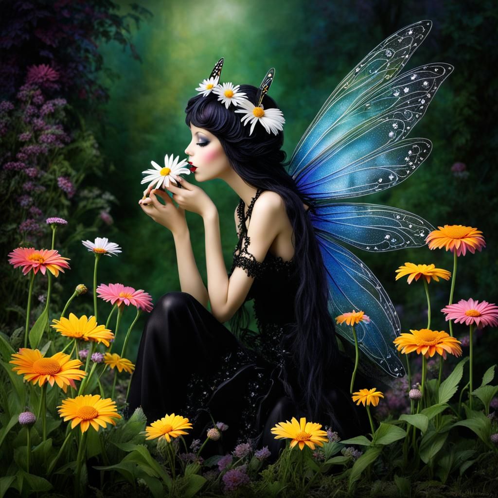 Gothic Garden Fairy Smelling a Daisy